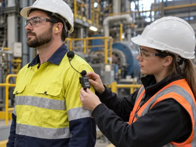 Imagem ilustrativa digital de dosímetro de ruído sendo posicionado em trabalhador de instalação industrial