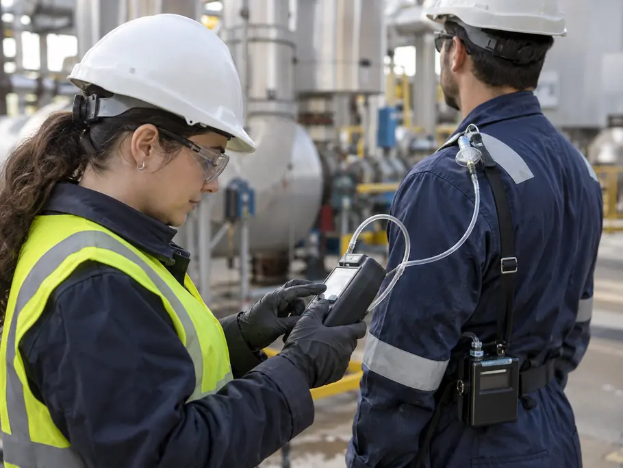 Cena ilustrativa digital de profissional verificando equipamento de amostragem em ambiente industrial