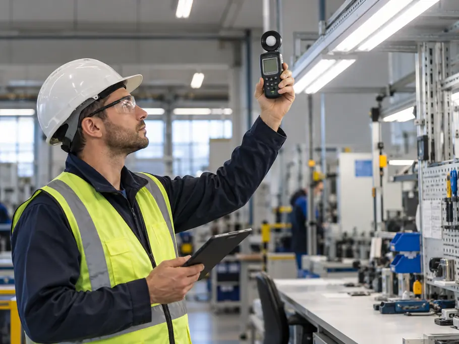 Imagem ilustrativa digital de técnico utilizando luxímetro em uma bancada industrial