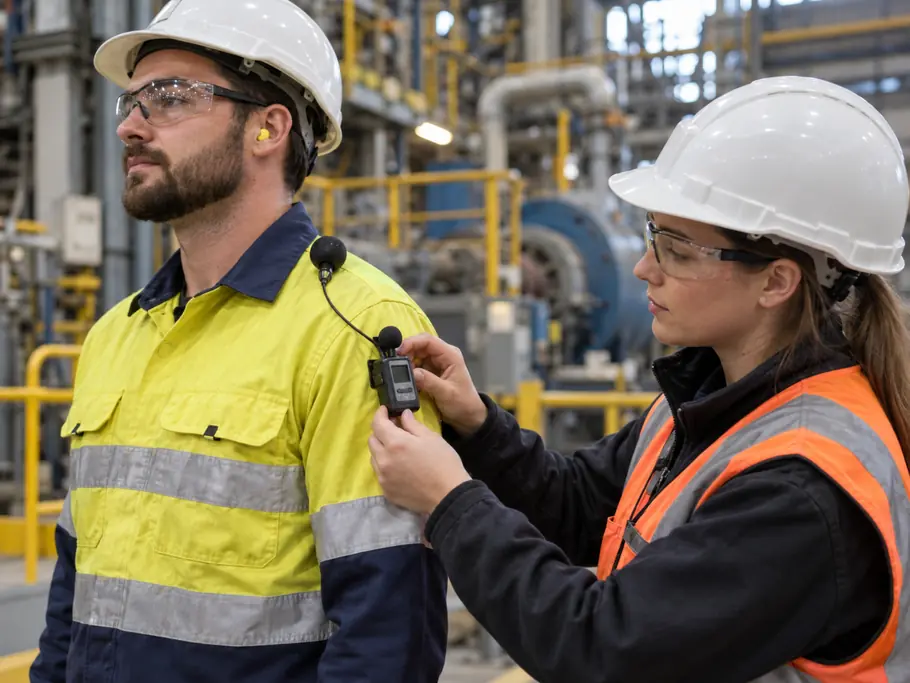 Imagem ilustrativa digital de avaliação de exposição ao ruído com dosímetro em ambiente industrial